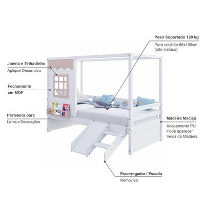 Cama Casinha Reta Com Escorregador Madeira Maciça Branco- Rosa Housin