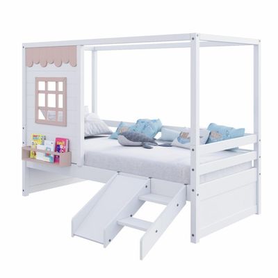 Cama Casinha Reta Com Escorregador Madeira Maciça Branco- Rosa Housin