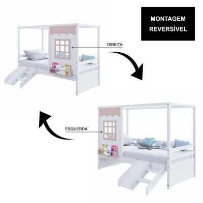 Cama Casinha Reta Com Escorregador Madeira Maciça Branco- Rosa Housin