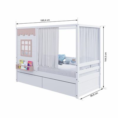 Cama Casinha Reta Com 02 Gavetas E Cortina Madeira Maciça Branco- Rosa Housin