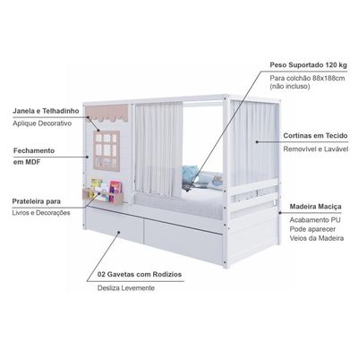 Cama Casinha Reta Com 02 Gavetas E Cortina Madeira Maciça Branco- Rosa Housin