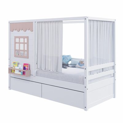 Cama Casinha Reta Com 02 Gavetas E Cortina Madeira Maciça Branco- Rosa Housin