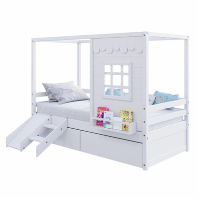 Cama Casinha Reta Com 02 Gavetas E Escorregador Madeira Maciça Branco Housin