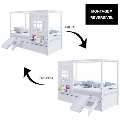 Cama Casinha Reta Com 02 Gavetas E Escorregador Madeira Maciça Branco Housin