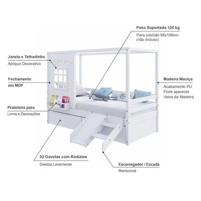 Cama Casinha Reta Com 02 Gavetas E Escorregador Madeira Maciça Branco Housin