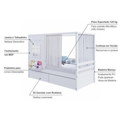 Cama Casinha Reta Com 02 Gavetas E Cortina Madeira Maciça Branco Housin