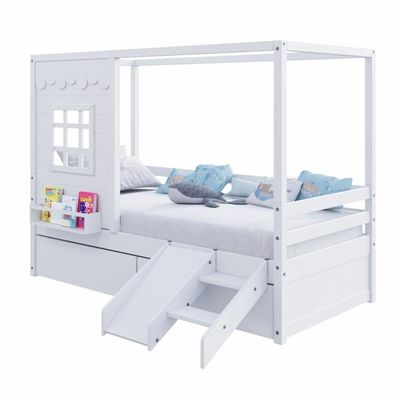 Cama Casinha Reta Com 02 Gavetas E Escorregador Madeira Maciça Branco Housin