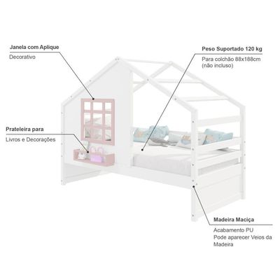 Cama Casinha Com Janela Madeira Maciça Branco- Rosa Housin
