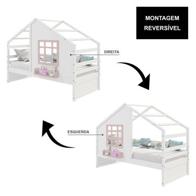 Cama Casinha Com Janela Madeira Maciça Branco- Rosa Housin