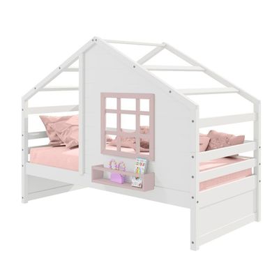 Cama Casinha Com Janela Madeira Maciça Branco- Rosa Housin
