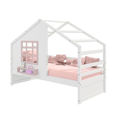 Cama Casinha Com Janela Madeira Maciça Branco- Rosa Housin
