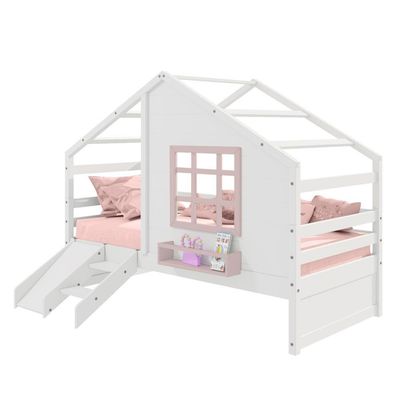 Cama Casinha Com Janela E Escada- Escorregador Madeira Maciça Branco- Rosa Housin