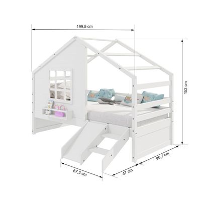 Cama Casinha Com Janela Com Escada/escorregador Madeira Maciça Branco Housin