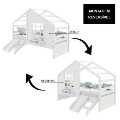 Cama Casinha Com Janela Com Escada/escorregador Madeira Maciça Branco Housin