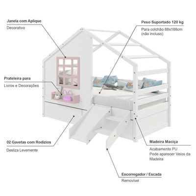 Cama Casinha Com Janela Com 02 Gavetas E Escorregador Madeira Maciça Branco- Rosa Housin