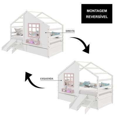 Cama Casinha Com Janela Com 02 Gavetas E Escorregador Madeira Maciça Branco- Rosa Housin