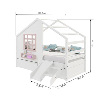 Cama Casinha Com Janela Com 02 Gavetas E Escorregador Madeira Maciça Branco- Rosa Housin