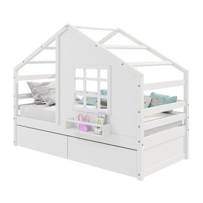 Cama Casinha Com Janela Com 02 Gavetas Madeira Maciça Branco Housin