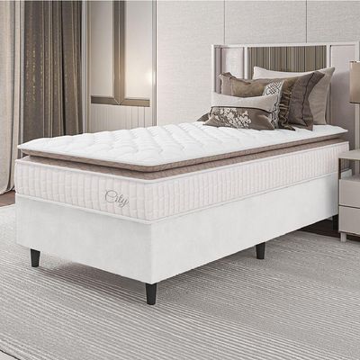 Cama Box Colchão Solteiro Molas Ensacadas City Pillow Top 88x188x61cm Linho Branco / Bege Hellen