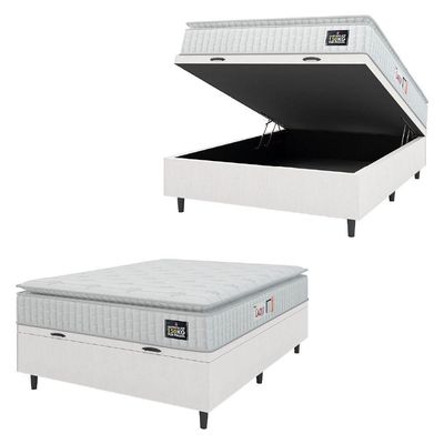 Cama Box Baú Colchão Casal Espuma D45 Lazio Pillow Top 138x188x70cm Linho Branco Hellen Branco