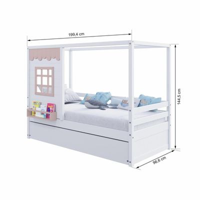 Bicama Casinha Reta Madeira Maciça Branco- Rosa Housin