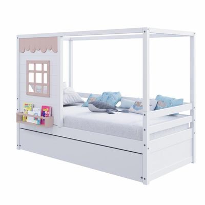 Bicama Casinha Reta Madeira Maciça Branco- Rosa Housin