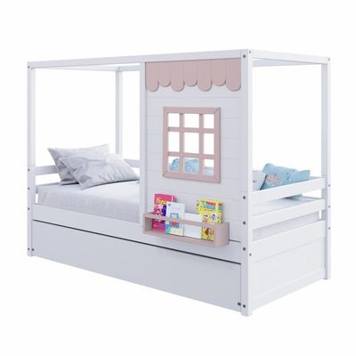 Bicama Casinha Reta Madeira Maciça Branco- Rosa Housin