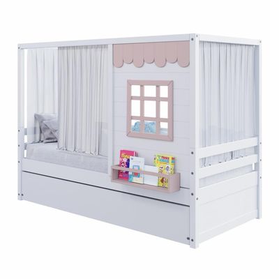 Bicama Casinha Reta Com Cortina Madeira Maciça Branco- Rosa Housin
