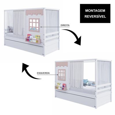 Bicama Casinha Reta Com Cortina Madeira Maciça Branco- Rosa Housin