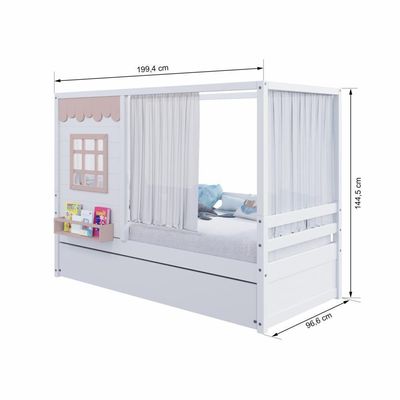 Bicama Casinha Reta Com Cortina Madeira Maciça Branco- Rosa Housin