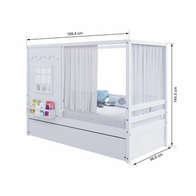 Bicama Casinha Reta Com Cortina Madeira Maciça Branco Housin
