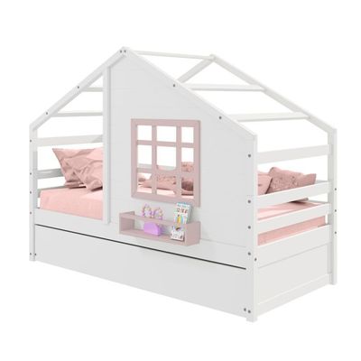 Bicama Casinha Com Janela Madeira Maciça Branco- Rosa Housin