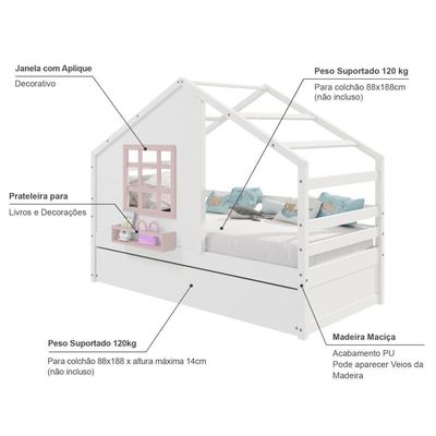 Bicama Casinha Com Janela Madeira Maciça Branco- Rosa Housin