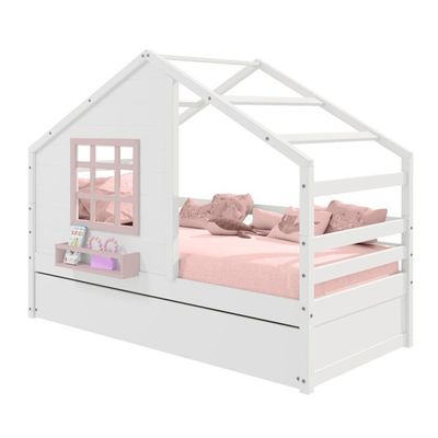 Bicama Casinha Com Janela Madeira Maciça Branco- Rosa Housin