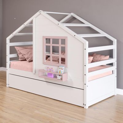 Bicama Casinha Com Janela Madeira Maciça Branco- Rosa Housin