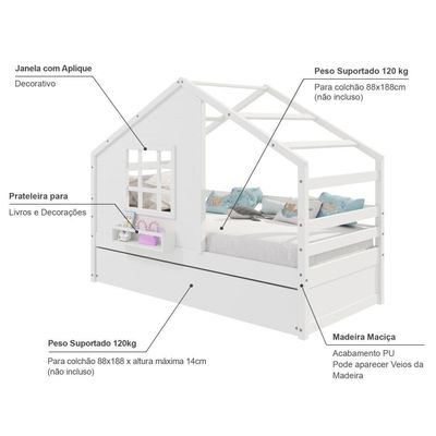 Bicama Casinha Com Janela Madeira Maciça Branco Housin
