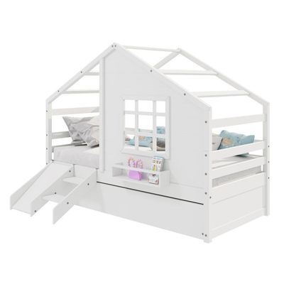Bicama Casinha Com Janela Com Escada/escorregador Madeira Maciça Branco Housin