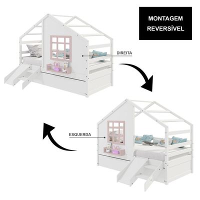 Bicama Casinha Com Janela E Escada-escorregador Madeira Maciça Branco- Rosa Housin