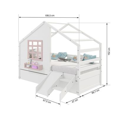 Bicama Casinha Com Janela E Escada-escorregador Madeira Maciça Branco- Rosa Housin