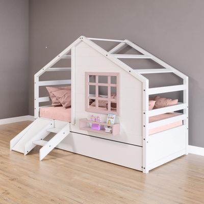 Bicama Casinha Com Janela E Escada-escorregador Madeira Maciça Branco- Rosa Housin