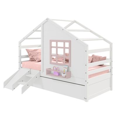 Bicama Casinha Com Janela E Escada-escorregador Madeira Maciça Branco- Rosa Housin