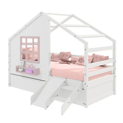 Bicama Casinha Com Janela E Escada-escorregador Madeira Maciça Branco- Rosa Housin
