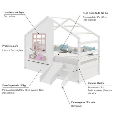 Bicama Casinha Com Janela E Escada-escorregador Madeira Maciça Branco- Rosa Housin