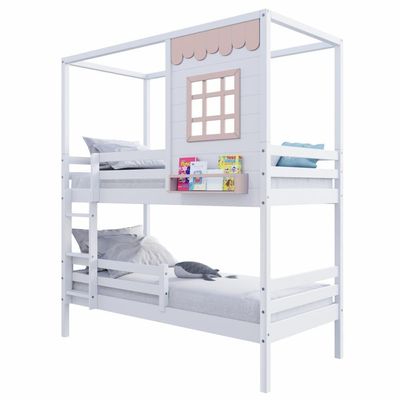 Beliche Casinha Reta Com Grade Removível Madeira Maciça Branco/ Rosa Housin