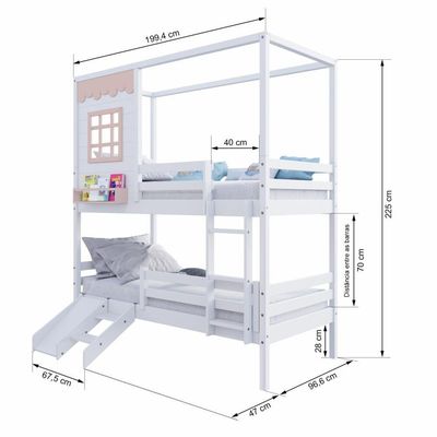 Beliche Casinha Reta Com Grade Removível E Escorregador Madeira Maciça Branco- Rosa Housin