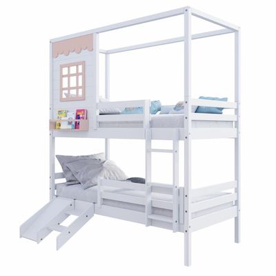 Beliche Casinha Reta Com Grade Removível E Escorregador Madeira Maciça Branco- Rosa Housin
