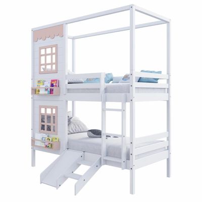 Beliche Casinha Reta Com 02 Janelas E Escorregador Madeira Maciça Branco/ Rosa Housin