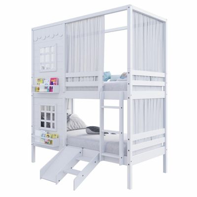 Beliche Casinha Reta Com 02 Janelas Escorregador E Cortina Madeira Maciça Branco Housin
