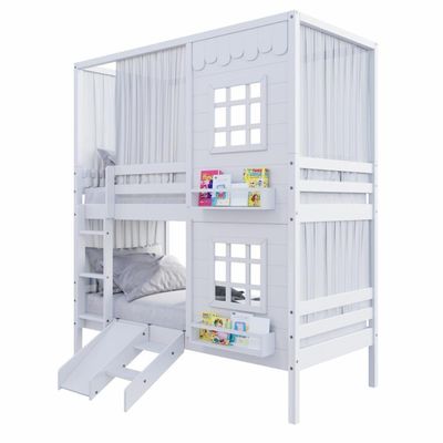 Beliche Casinha Reta Com 02 Janelas Escorregador E Cortina Madeira Maciça Branco Housin