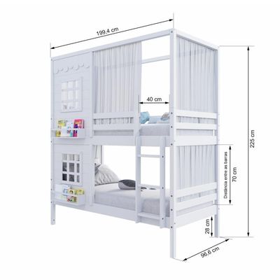 Beliche Casinha Reta Com 02 Janelas E Cortina Madeira Maciça Branco Housin